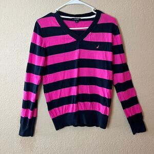 NWOT: Navy and Pink Striped Nautical V-Neck Sweater - Size: Large